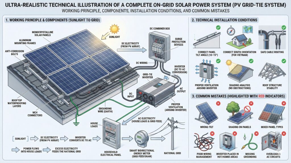 Cấu Tạo Hệ Thống Điện Mặt Trời Hòa Lưới